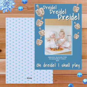 Dreidel Rustic Oak Blue Photo Celebrate Hanukkah Holiday Card