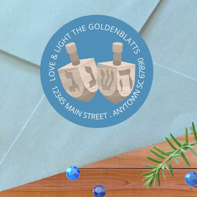 Dreidel Rustic Oak Cute Blue Any Text Hanukkah Classic Round Sticker (Add any text so you can use these Hanukkah stickers as envelope seals and return address labels)