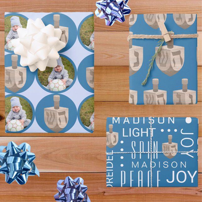 Dreidel Rustic Oak Cute Blue Photo Hanukkah Wrapping Paper Sheet (Rustic faux wood oak dreidels add a modern rustic touch to this Hanukkah wrapping paper assortment)