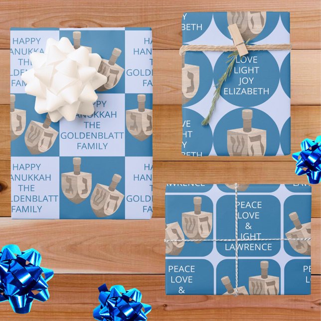 Dreidel Rustic Oak Cute Hanukkah Kids Name Wrapping Paper Sheet (Add separate names, or one name to all 3 designs, for one of a kind personalized Hanukkah gift wrap)