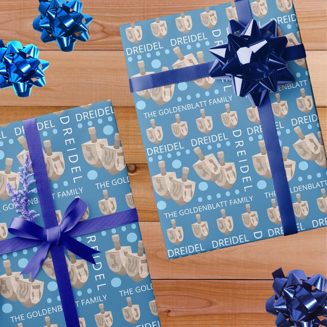 Dreidel Rustic Oak Cute Personalised Hanukkah Wrapping Paper (This cute blue and white Hanukkah wrapping paper is easy to customize with a personalized name)