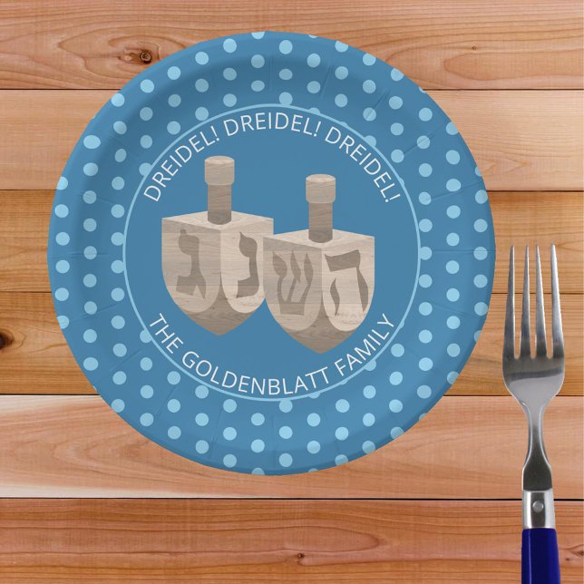 Dreidel Rustic Oak Cute Polka Dot Hanukkah Party Paper Plate (Fun dreidel and polka dots Hanukkah paper plates will make clean up a breeze for your parties)