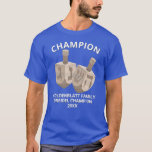 Dreidel Rustic Oak Funny Champion Hanukkah T-Shirt<br><div class="desc">These funny Dreidel Champion T-Shirts with personalized text are great as apparel for yourself or as gifts one night for the entire family. Two jumbo faux oak wood dreidels in the center of the shirt is surrounded by custom text in a simple white font. CHAMPION gently curving across the top...</div>