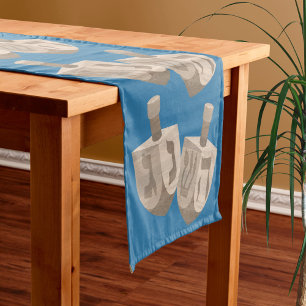 Dreidel Rustic Oak Jewish Holiday Blue Hanukkah Short Table Runner