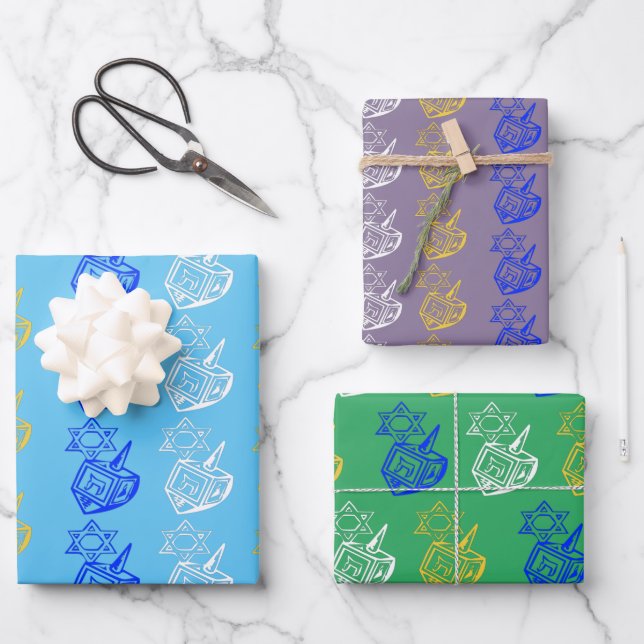Dreidels + Stars Wrapping Paper Sheet (Front)