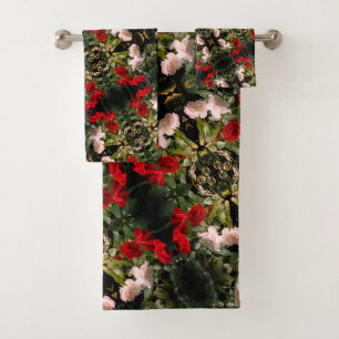 Drenched Red And White Roses Pattern Bath Towel Set