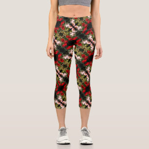 Drenched Red And White Roses Pattern     Capri Leggings