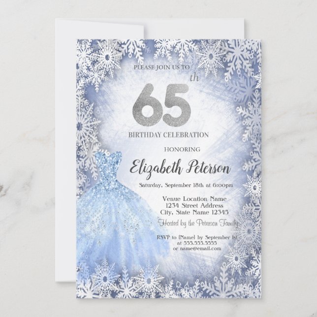Dress Blue Snowflakes Winter 65th Birthday Invitation (Front)