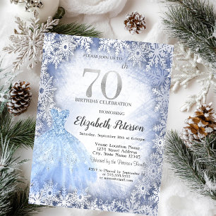 Dress Blue Snowflakes Winter 70th Birthday Invitation