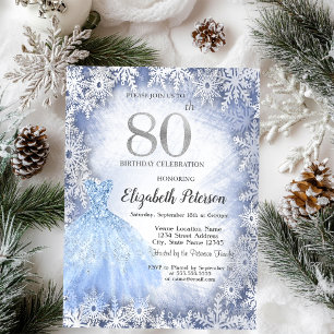 Dress Blue Snowflakes Winter 80th Birthday Invitation