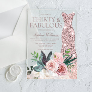 Dress & Blush Floral Womans 30th Birthday Party Acrylic Invitations