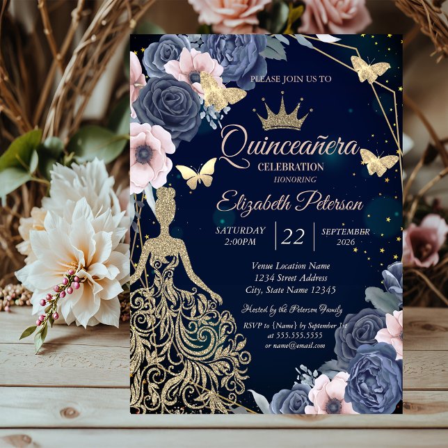 Dress,Butterfllies Stars Blue Flowers Quinceañera Invitation (Creator Uploaded)