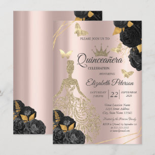 Dress,Butterfly Black Roses Rose Gold Quinceañera Invitation