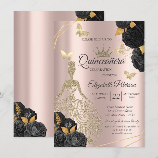 Dress,Butterfly Black Roses Rose Gold Quinceañera Invitation (Front/Back)