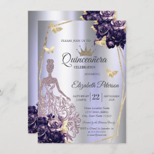 Dress,Butterfly Violet Roses Lavender Quinceañera Invitation