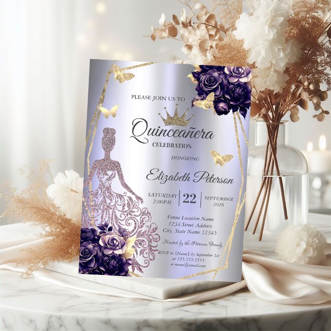 Dress,Butterfly Violet Roses Lavender Quinceañera Invitation (Creator Uploaded)
