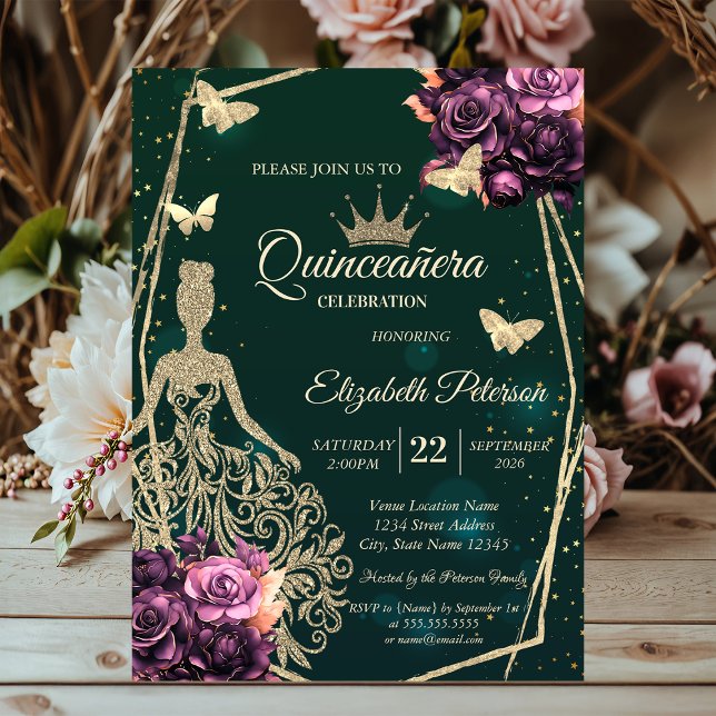 Dress,Butterfly Violet Roses Stars Quinceañera Invitation (Creator Uploaded)