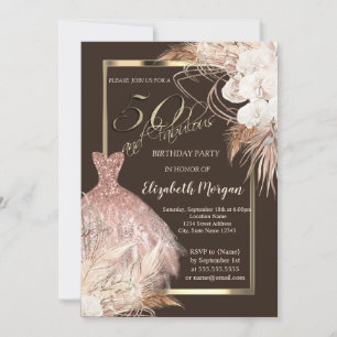 Dress,Confetti Boho Flowers Brown 50th Birthday Invitation