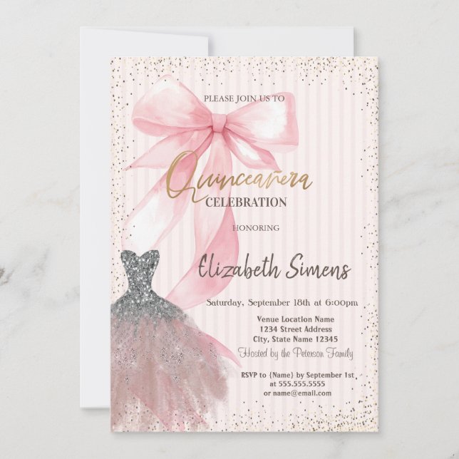 Dress Confetti,Pink Bow Striped  Invitation (Front)