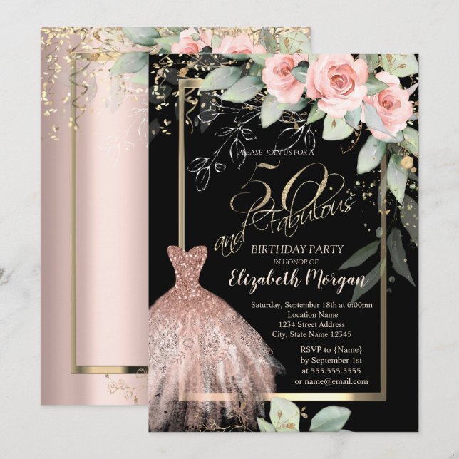 Dress,Confetti Roses Rose Gold 50th Birthday Invitation (Front/Back)