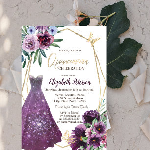 Dress Girl,Violet Flowers Butterfly Quinceanera Invitation
