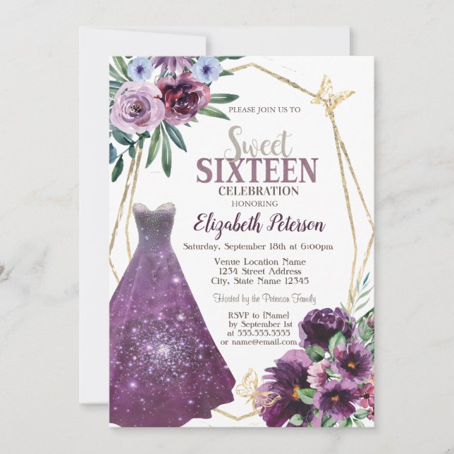 Dress Girl,Violet Flowers Butterfly Sweet 16 Invitation (Front)