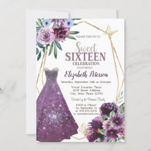 Dress Girl,Violet Flowers Butterfly Sweet 16 Invitation