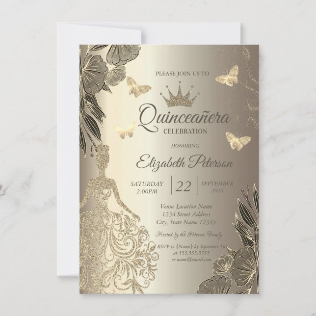 Dress,Gold Butterfllies Flowers Gold Quinceañera Invitation (Front)