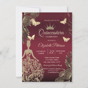 Dress,Gold Butterfllies Flowers Red Quinceañera Invitation