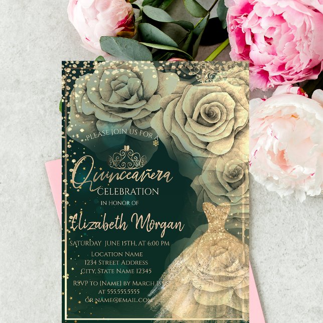 Dress Gold Tiara,Diamonds Roses Quinceañera  Invitation (Creator Uploaded)