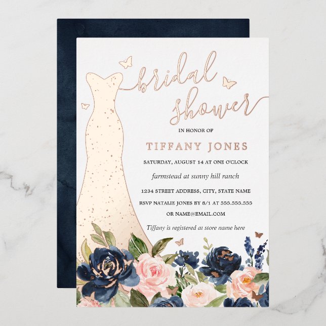 Dress Navy Blush Floral Rose Gold Bridal Shower  (Front/Back)