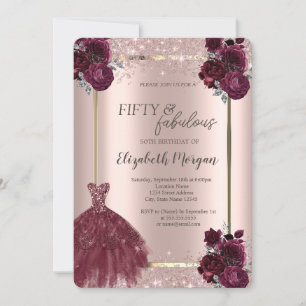 Dress Rose Gold Confetti Burgundy Roses 50th  Invitation