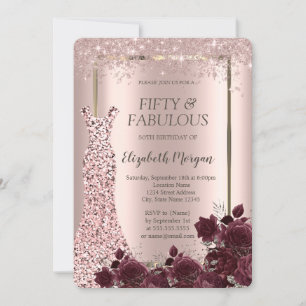 Dress Rose Gold Glitter Burgundy Roses 50th Invitation