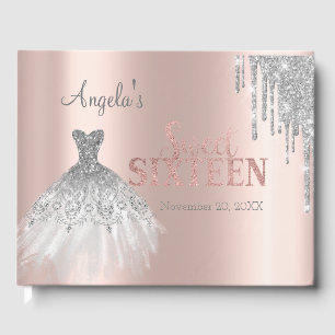 Dress Silver Glitter Drips Rose Gold Sweet 16 Guest Book