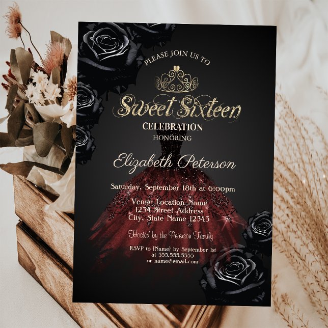  Dress,Tiara,Black Roses Sweet 16 Invitation (Creator Uploaded)