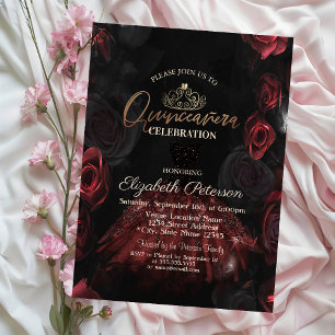 Dress,Tiara,Chic Red Roses Quinceañera   Invitation