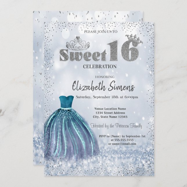 Dress,Tiara Confetti Princess Bokeh Sweet 16 Invitation (Front/Back)