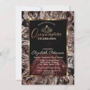 Dress,Tiara,Dark Roses Quinceañera   Invitation