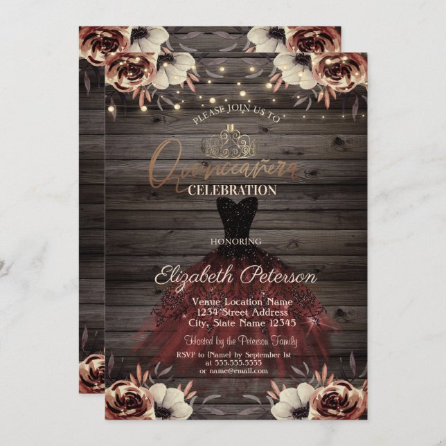  Dress,Tiara,Lights Red Roses Wood Quinceañera   Invitation (Front/Back)