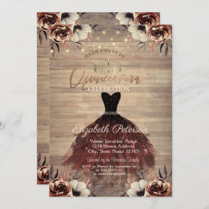 Dress,Tiara,Lights Roses Wood Quinceañera  Invitation
