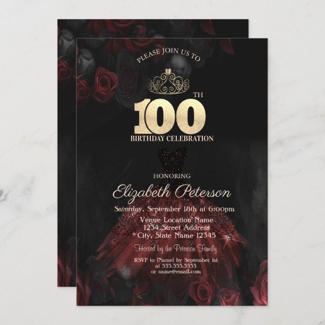  Dress,Tiara,Red Roses 100th Birthday Invitation (Front/Back)