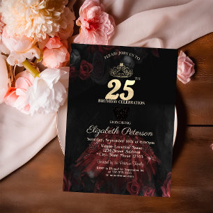  Dress,Tiara,Red Roses 25th Birthday Invitation