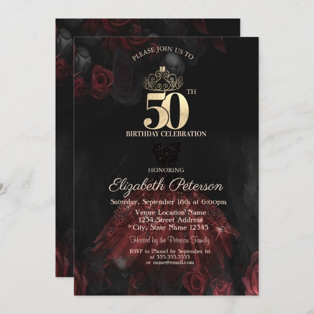  Dress,Tiara,Red Roses 50th Birthday Invitation (Front/Back)