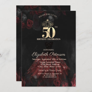  Dress,Tiara,Red Roses 50th Birthday Invitation