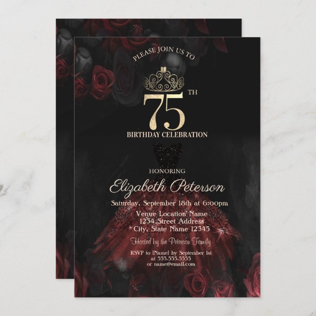  Dress,Tiara,Red Roses 75th Birthday Invitation (Front/Back)