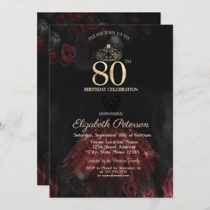  Dress,Tiara,Red Roses 80th Birthday Invitation