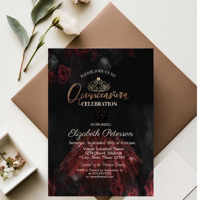  Dress,Tiara,Red Roses Quinceañera   Invitation (Creator Uploaded)
