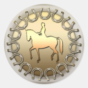 Dressage Horse Rider and Horseshoes Classic Round Sticker