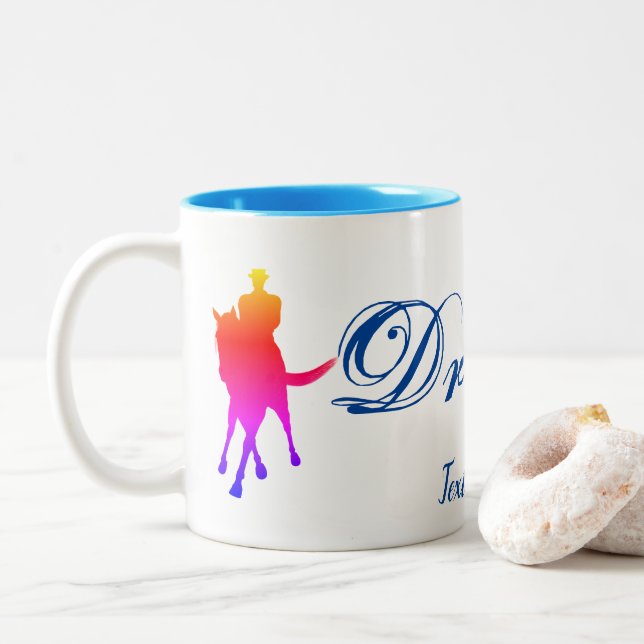 Dressage Horse Rider Colour Silhouette Personalise Two-Tone Coffee Mug (With Donut)