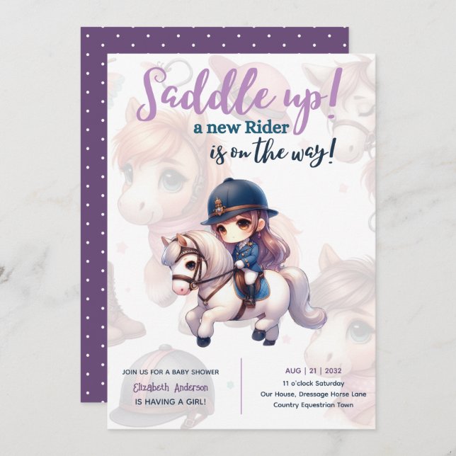 Dressage Rider Baby Girl Shower Horse Rider on Way Invitation (Front/Back)